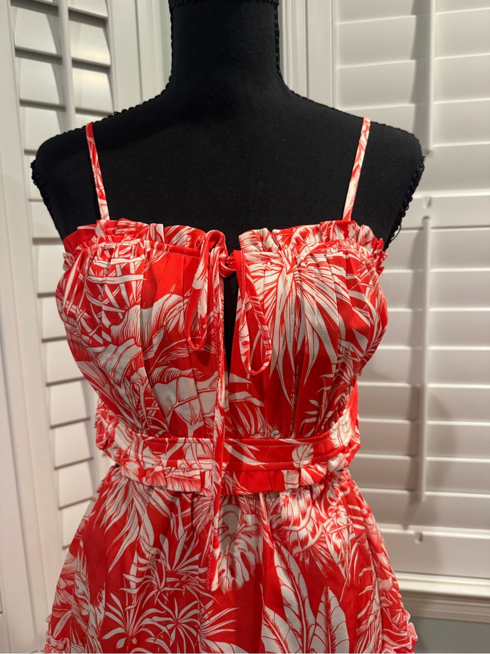 Red Tropical Print Midi Dress with Tie Back